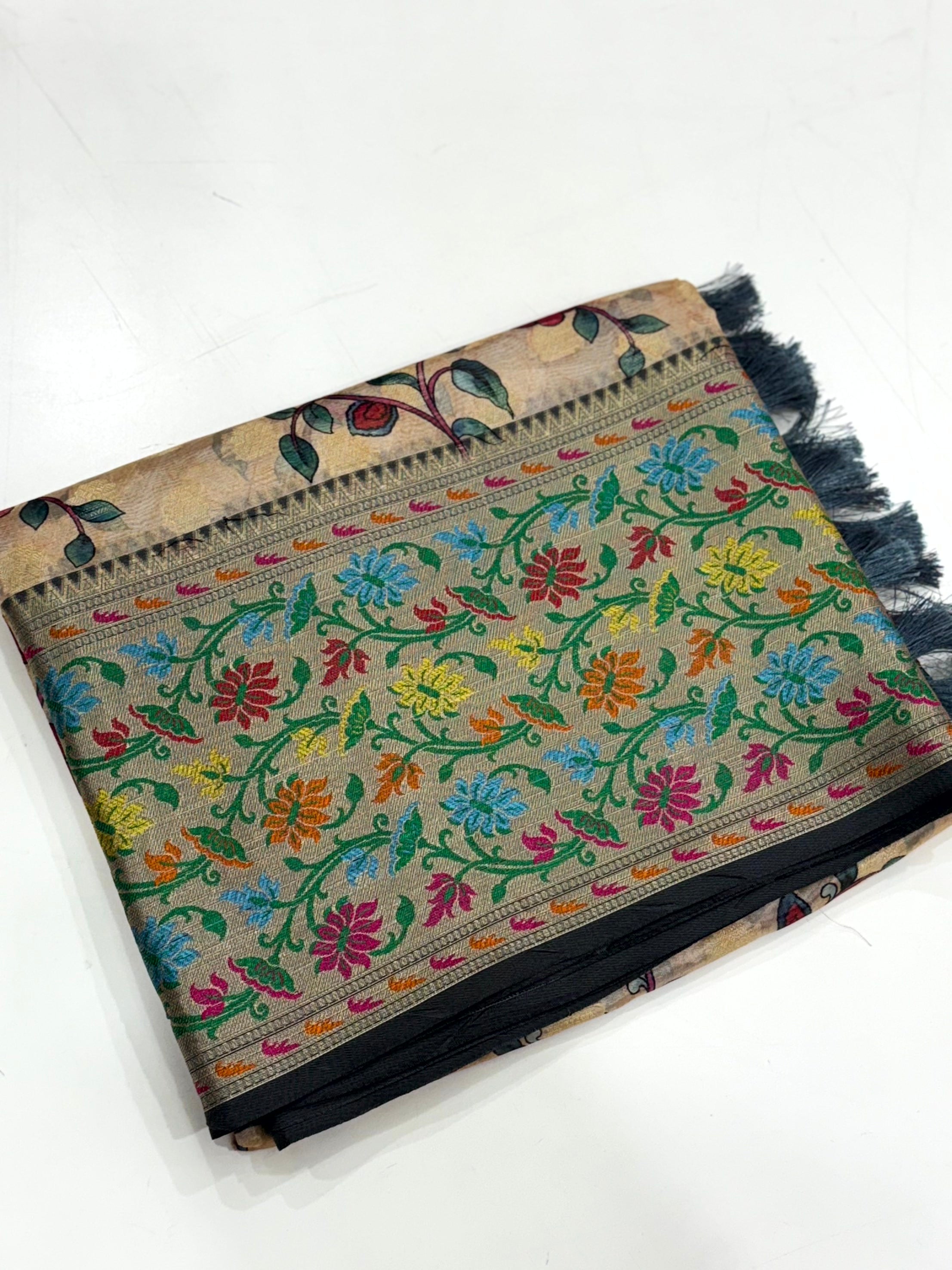 Beige Kalamkari Printed Kora Tissue Saree