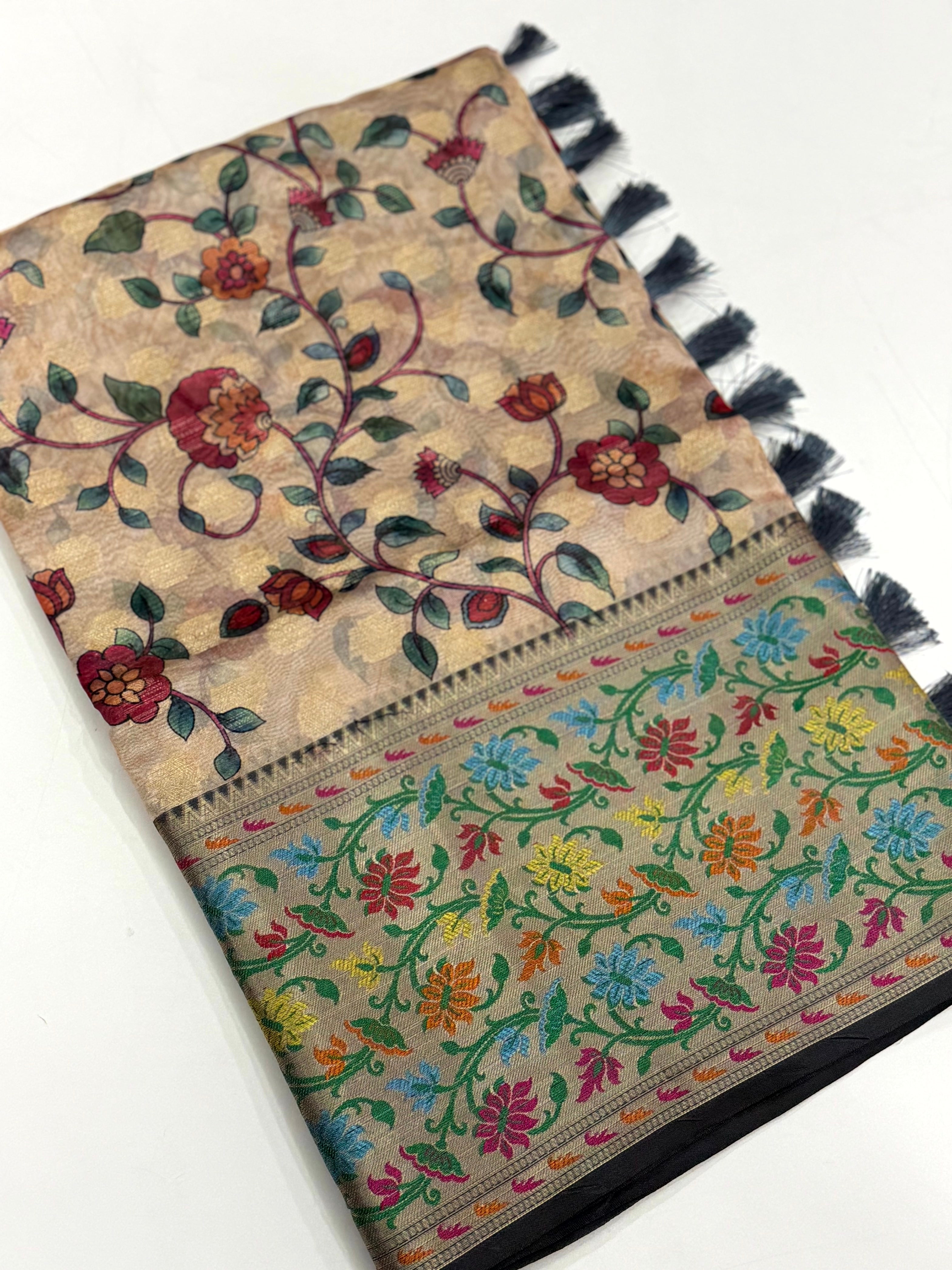 Beige Kalamkari Printed Kora Tissue Saree