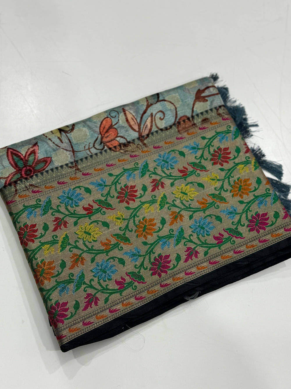 Sky Blue Kalamkari Printed Kora Tissue Saree