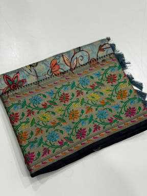 Sky Blue Kalamkari Printed Kora Tissue Saree
