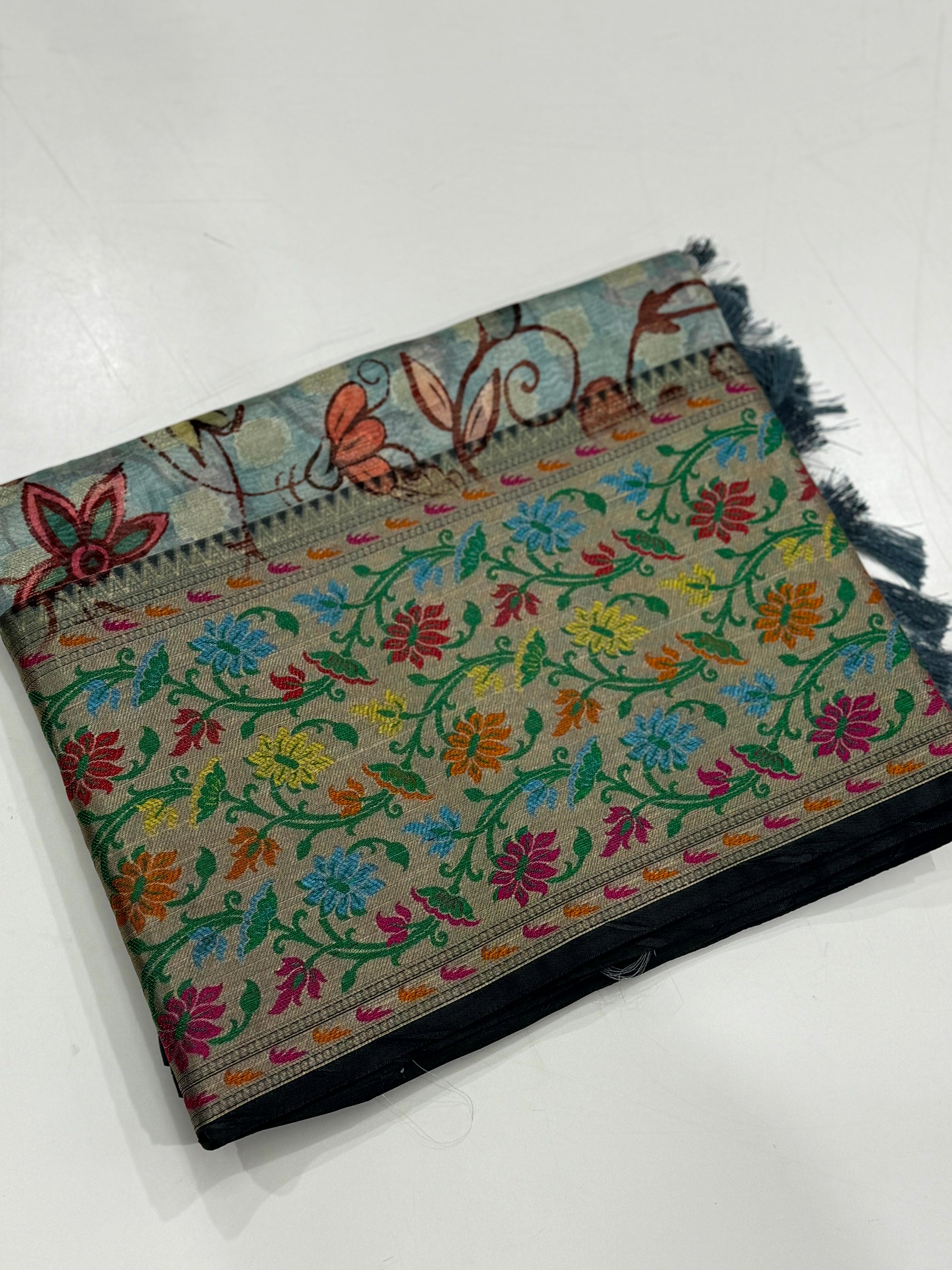 Sky Blue Kalamkari Printed Kora Tissue Saree