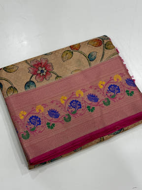 Beige Kalamkari Printed Kora Muslin Saree