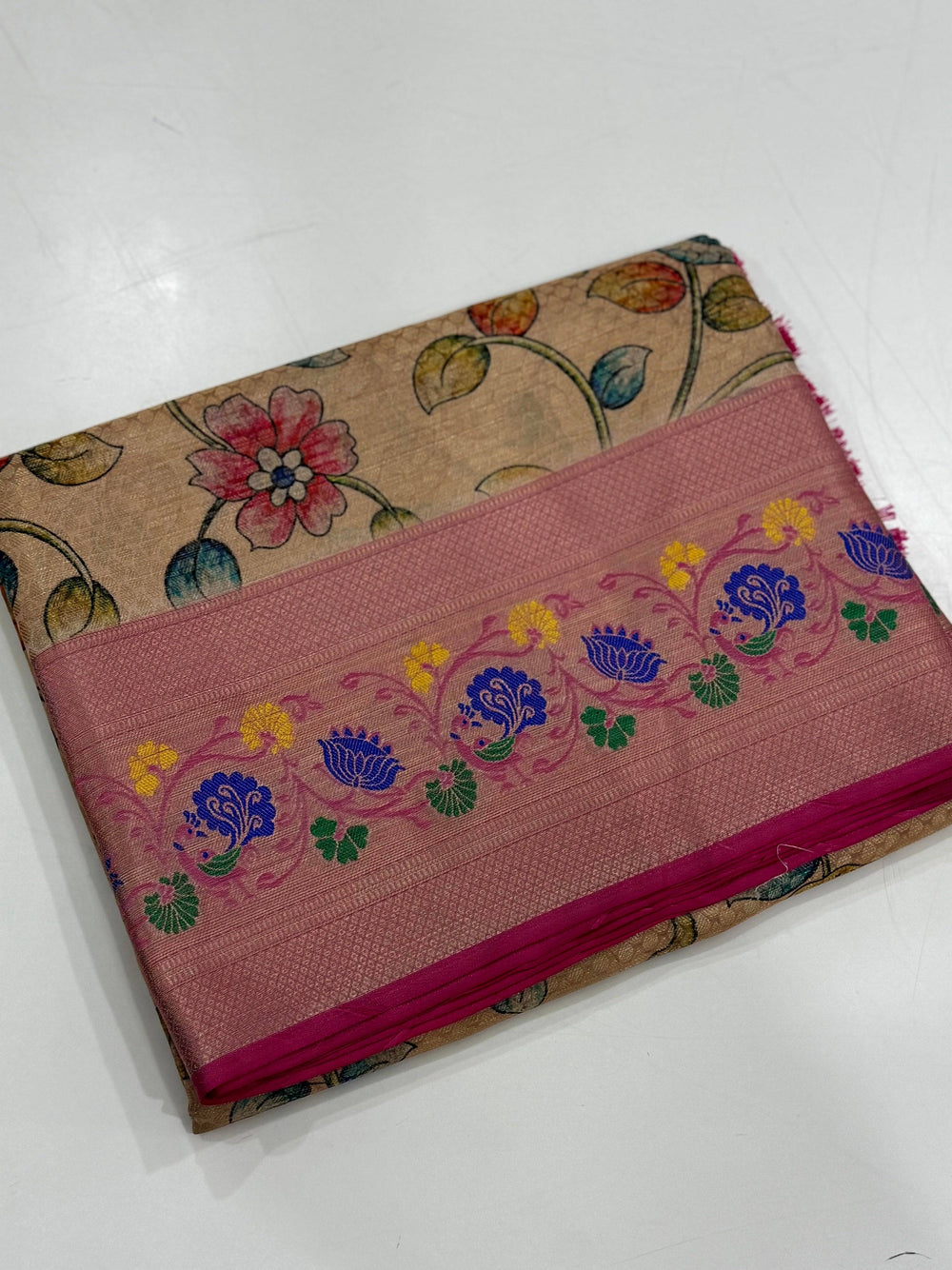 Beige Kalamkari Printed Kora Muslin Saree