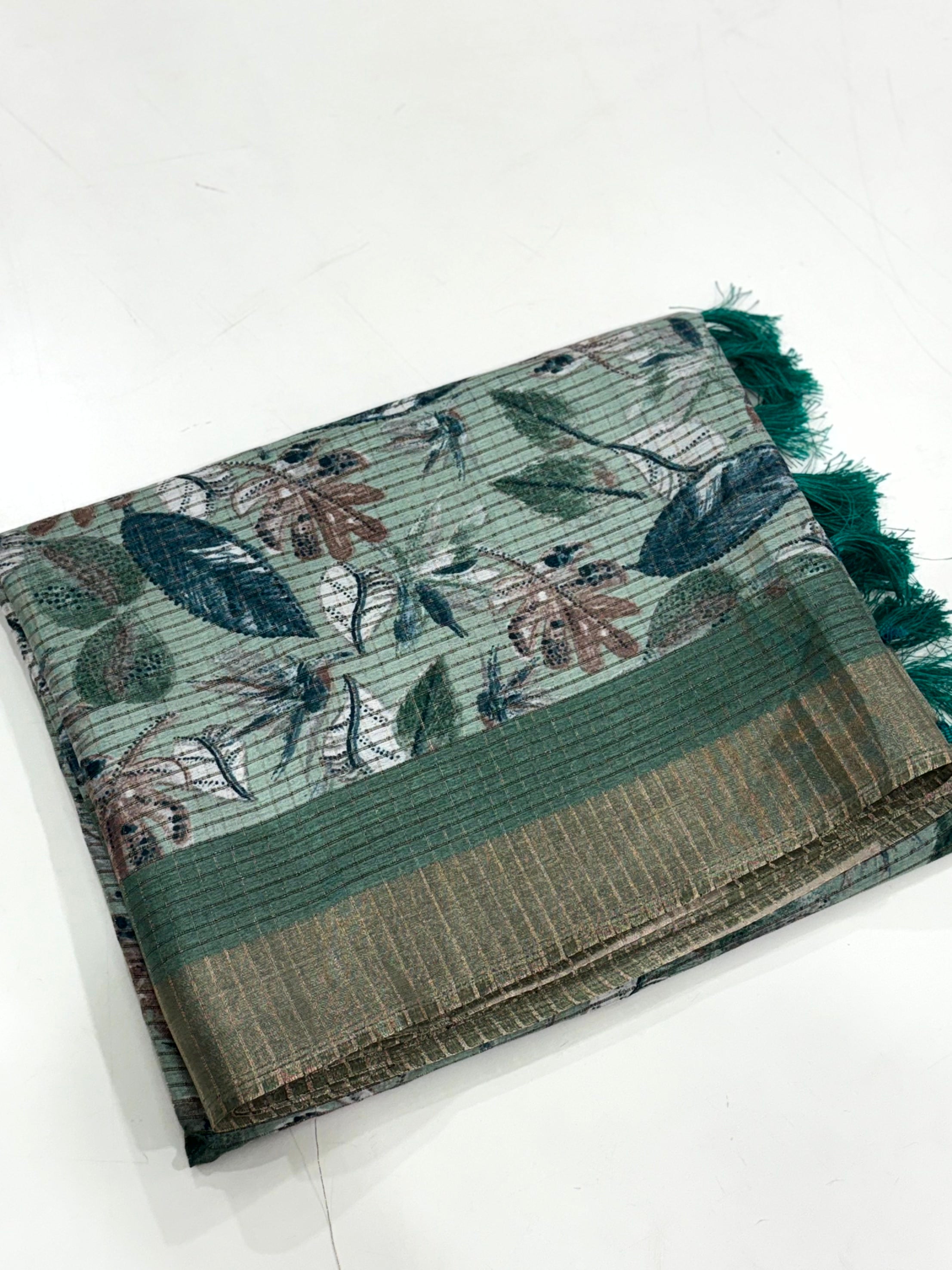 Green Tussar Chex Floral Print Saree