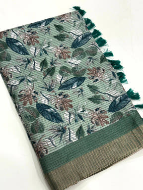 Green Tussar Chex Floral Print Saree