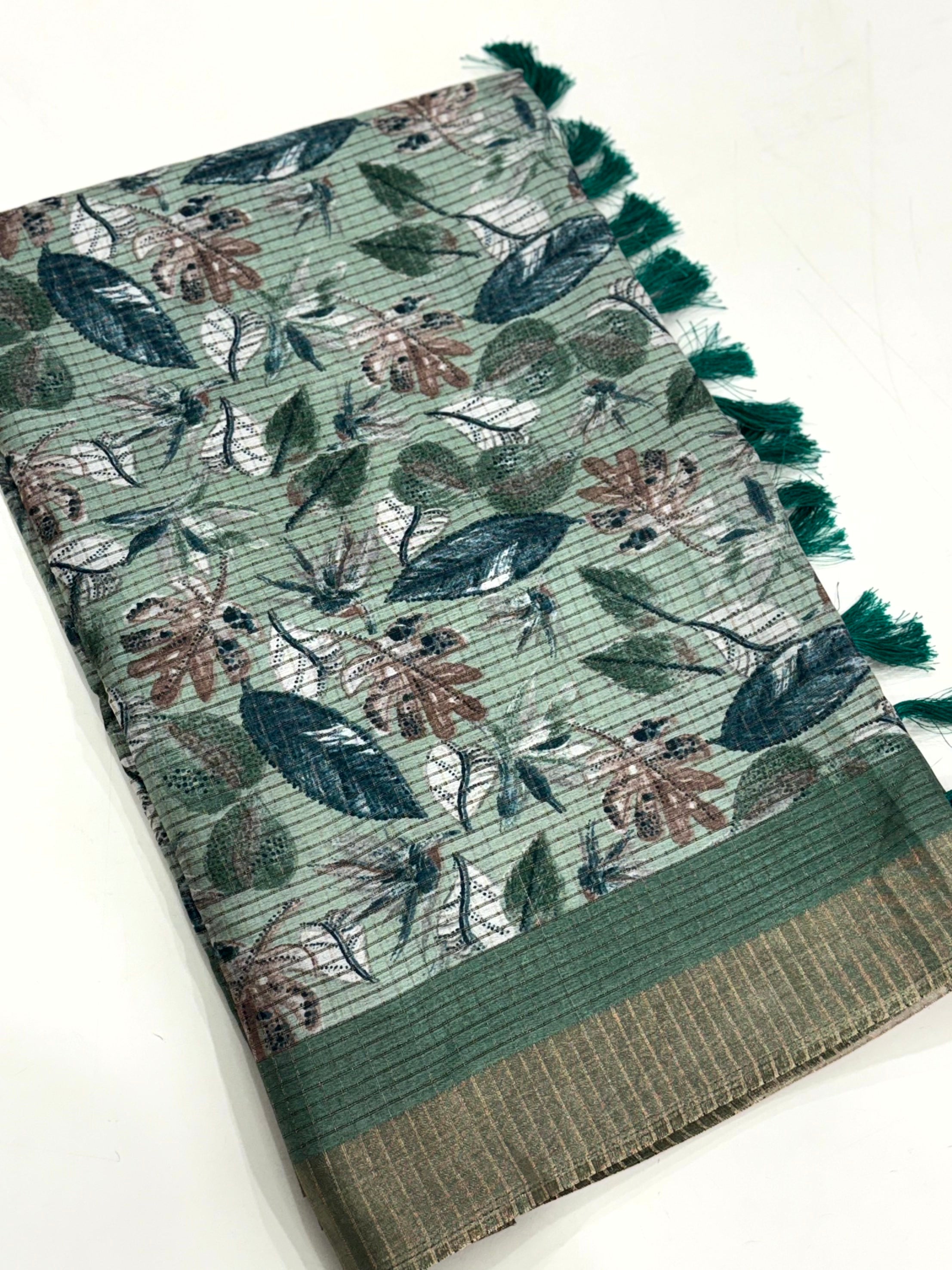 Green Tussar Chex Floral Print Saree