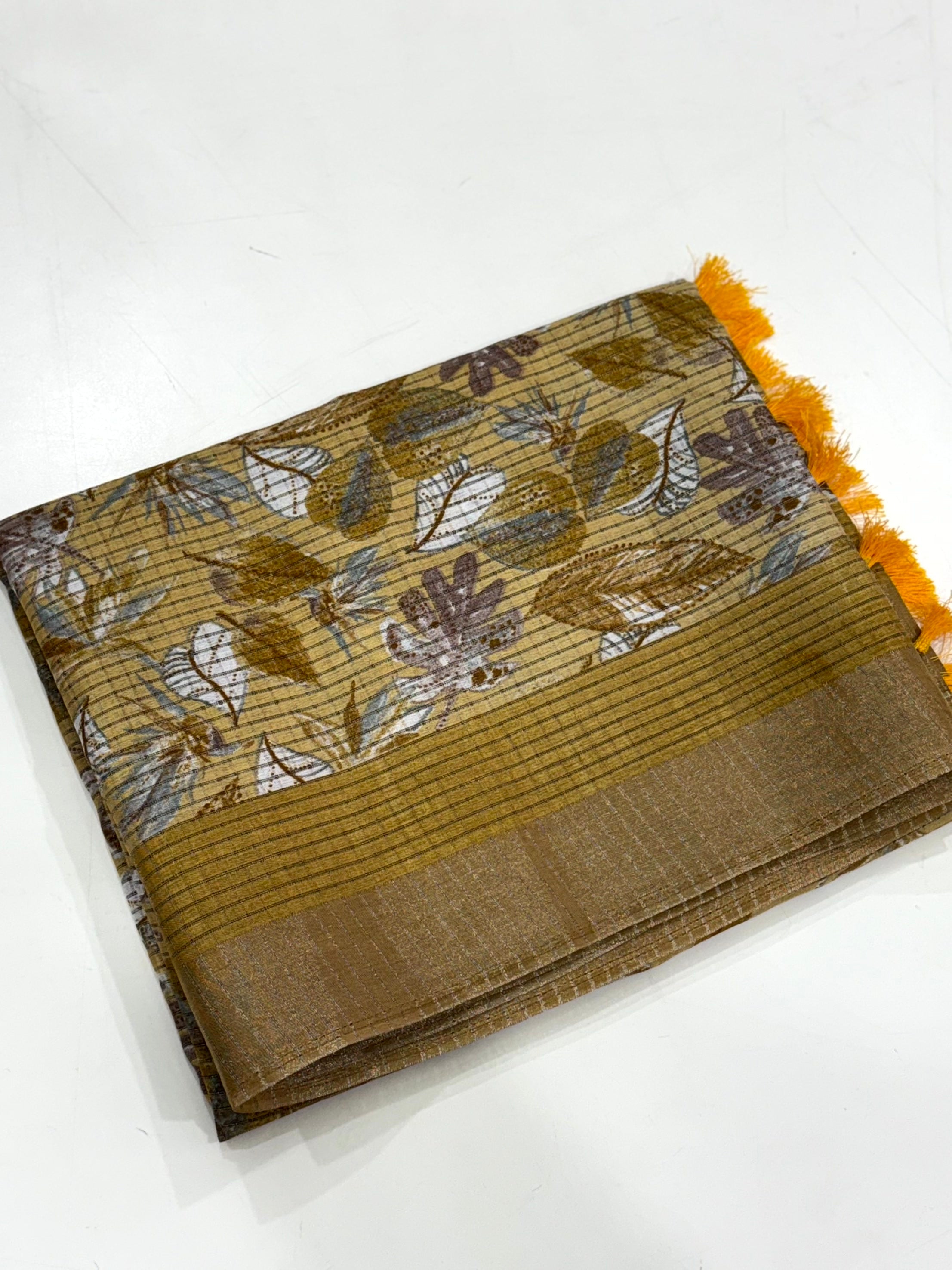 Mustard Tussar Chex Floral Print Saree