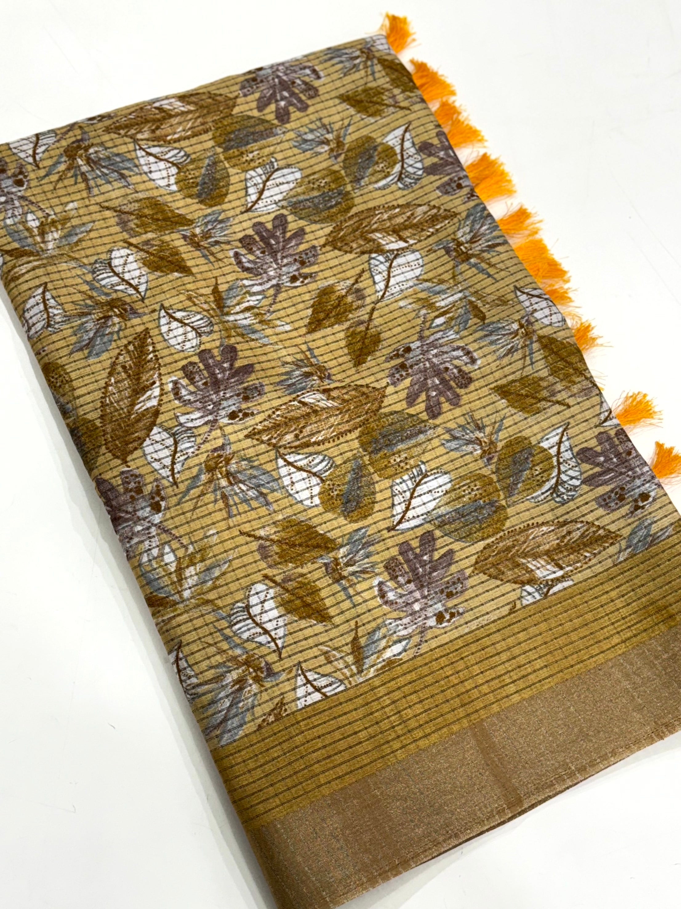 Mustard Tussar Chex Floral Print Saree