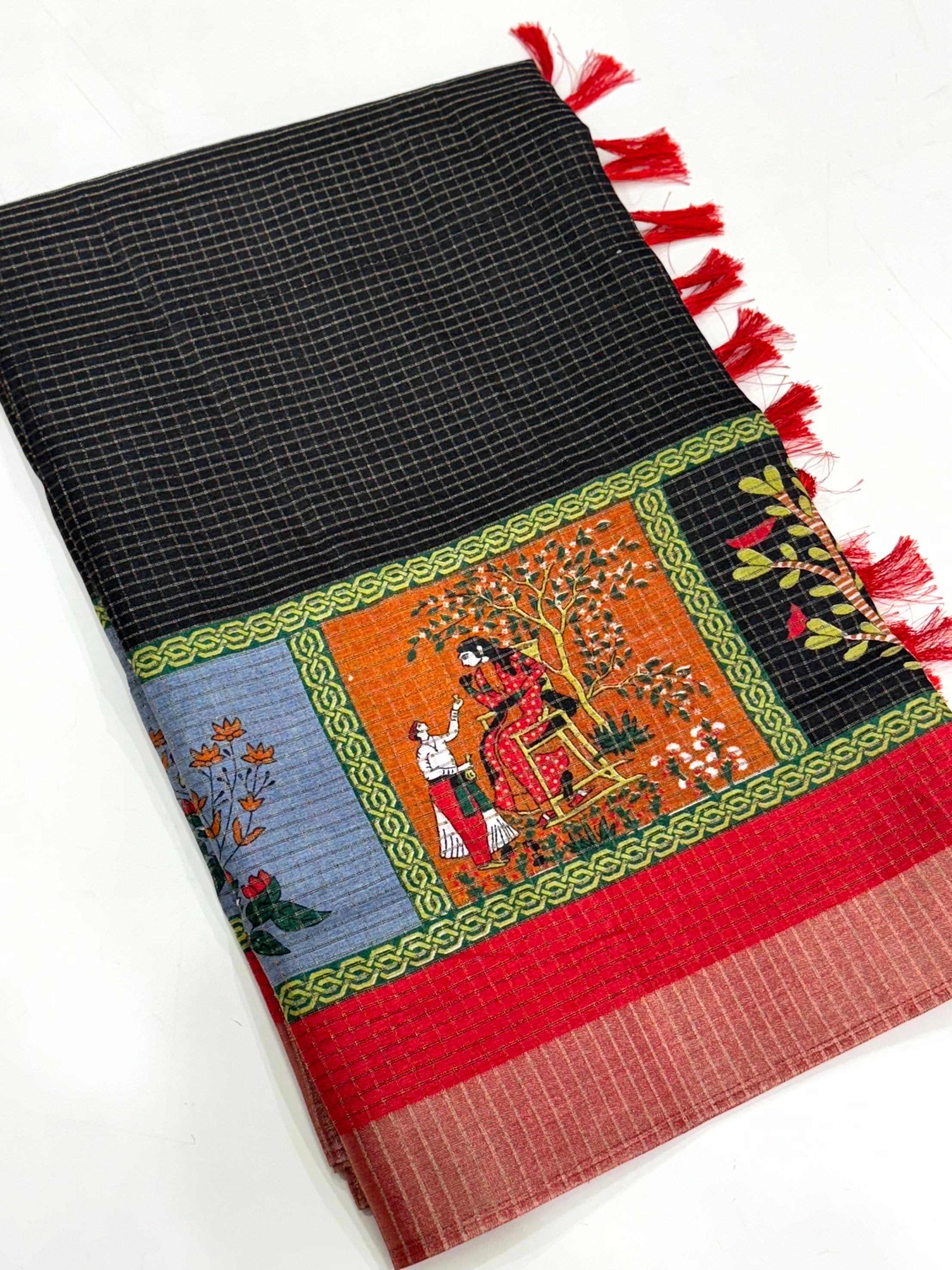 Black Pure Viscose Kalalmkari Print Saree