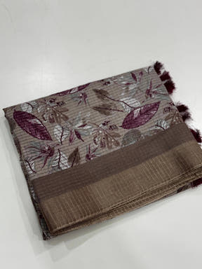 Taupe Tussar Chex Floral Print Saree