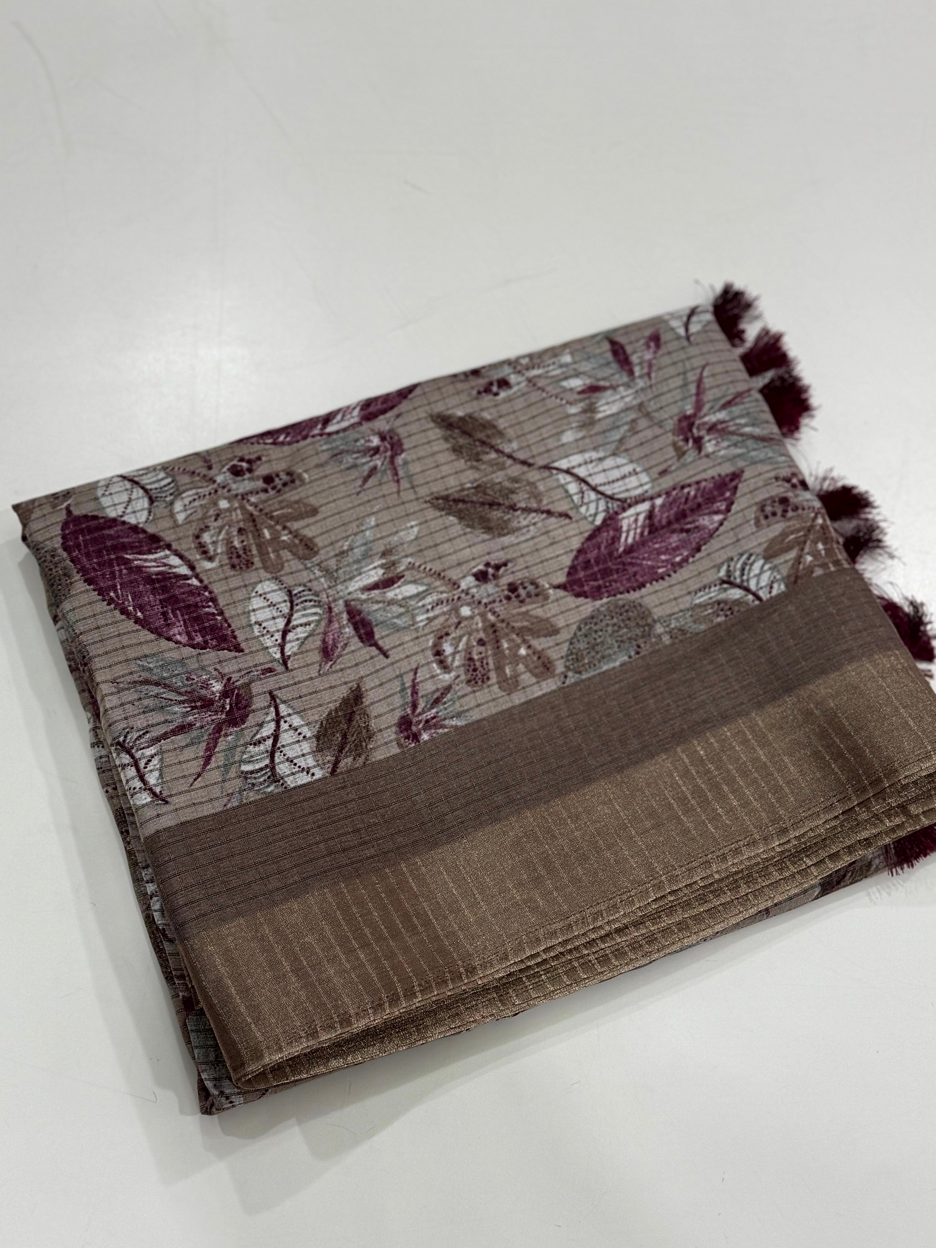 Taupe Tussar Chex Floral Print Saree