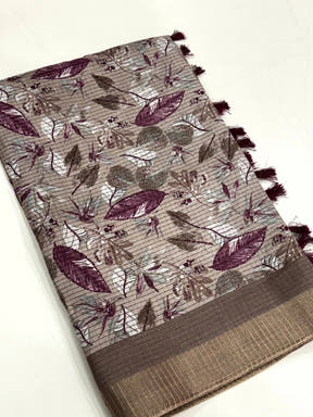 Taupe Tussar Chex Floral Print Saree