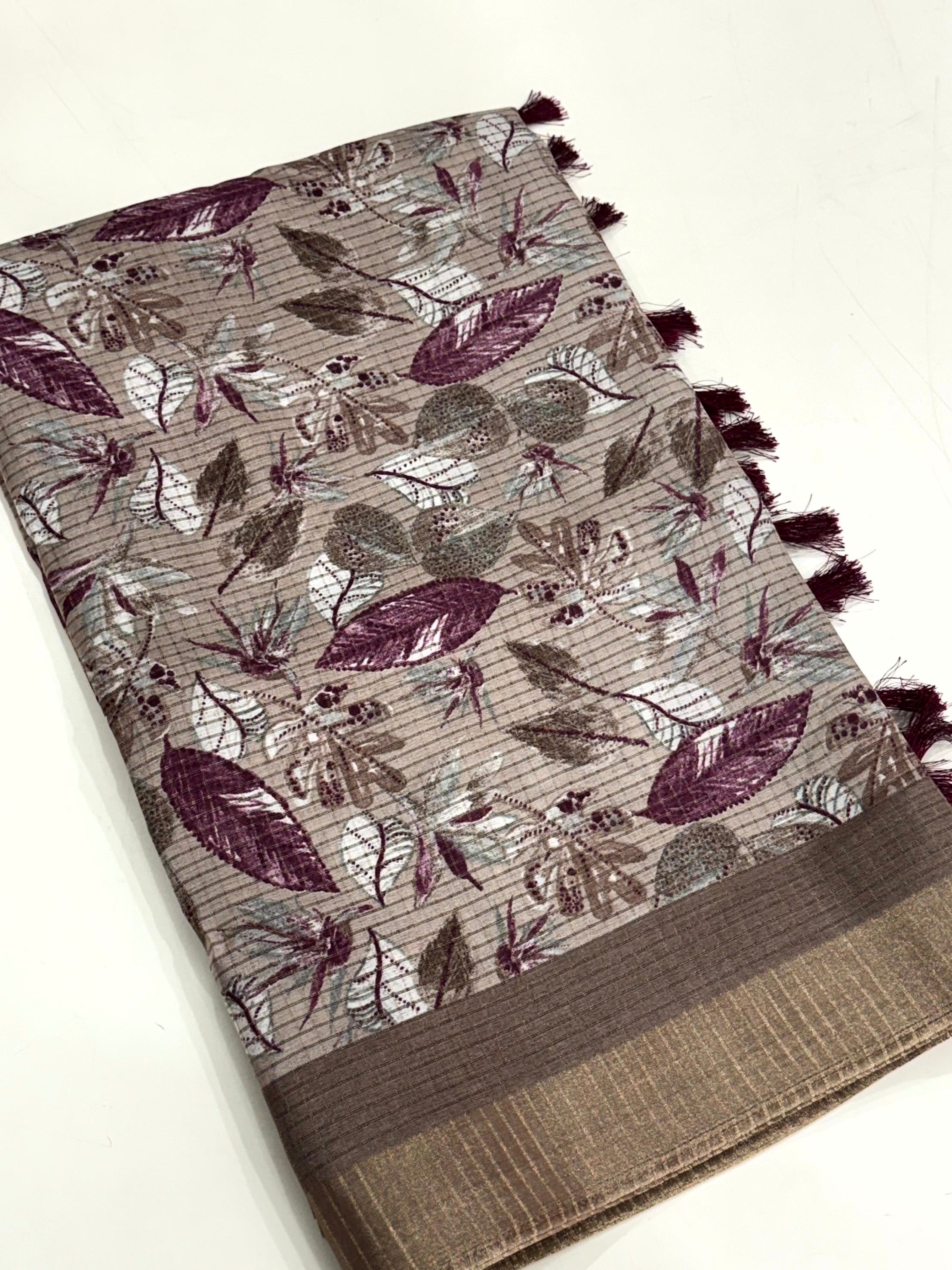 Taupe Tussar Chex Floral Print Saree