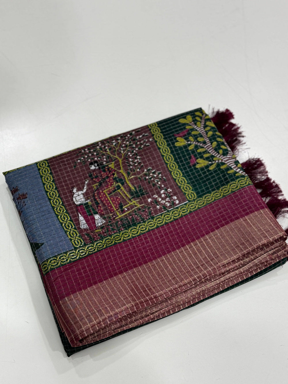 Bottle Green Pure Viscose Kalalmkari Print Saree