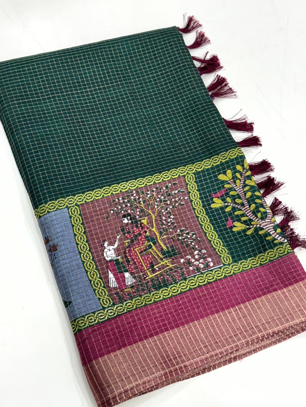 Bottle Green Pure Viscose Kalalmkari Print Saree