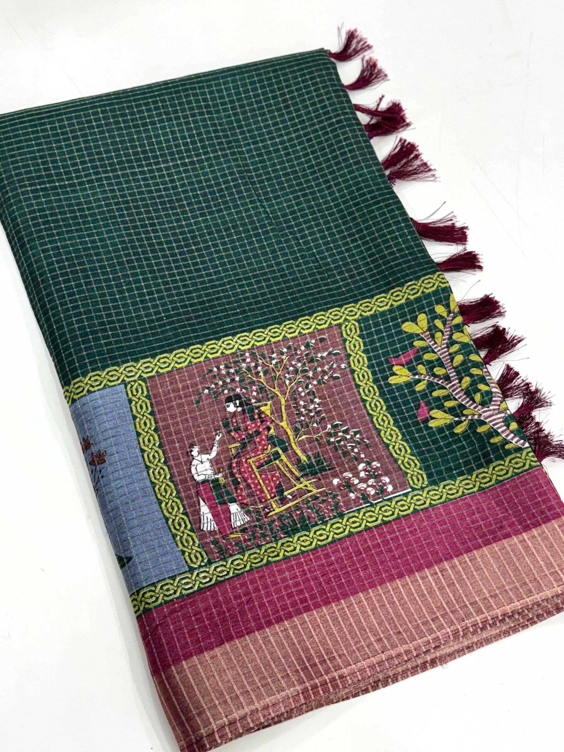 Bottle Green Pure Viscose Kalalmkari Print Saree