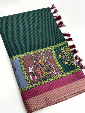 Bottle Green Pure Viscose Kalalmkari Print Saree