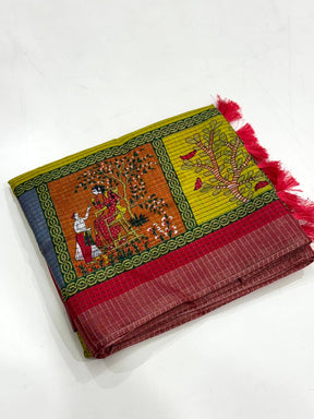 Olive Pure Viscose Kalalmkari Print Saree