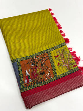 Olive Pure Viscose Kalalmkari Print Saree