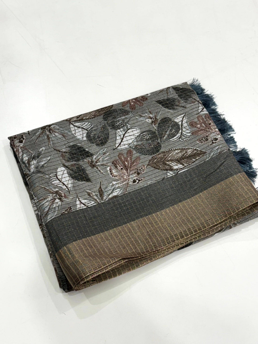 Grey Tussar Chex Floral Print Saree