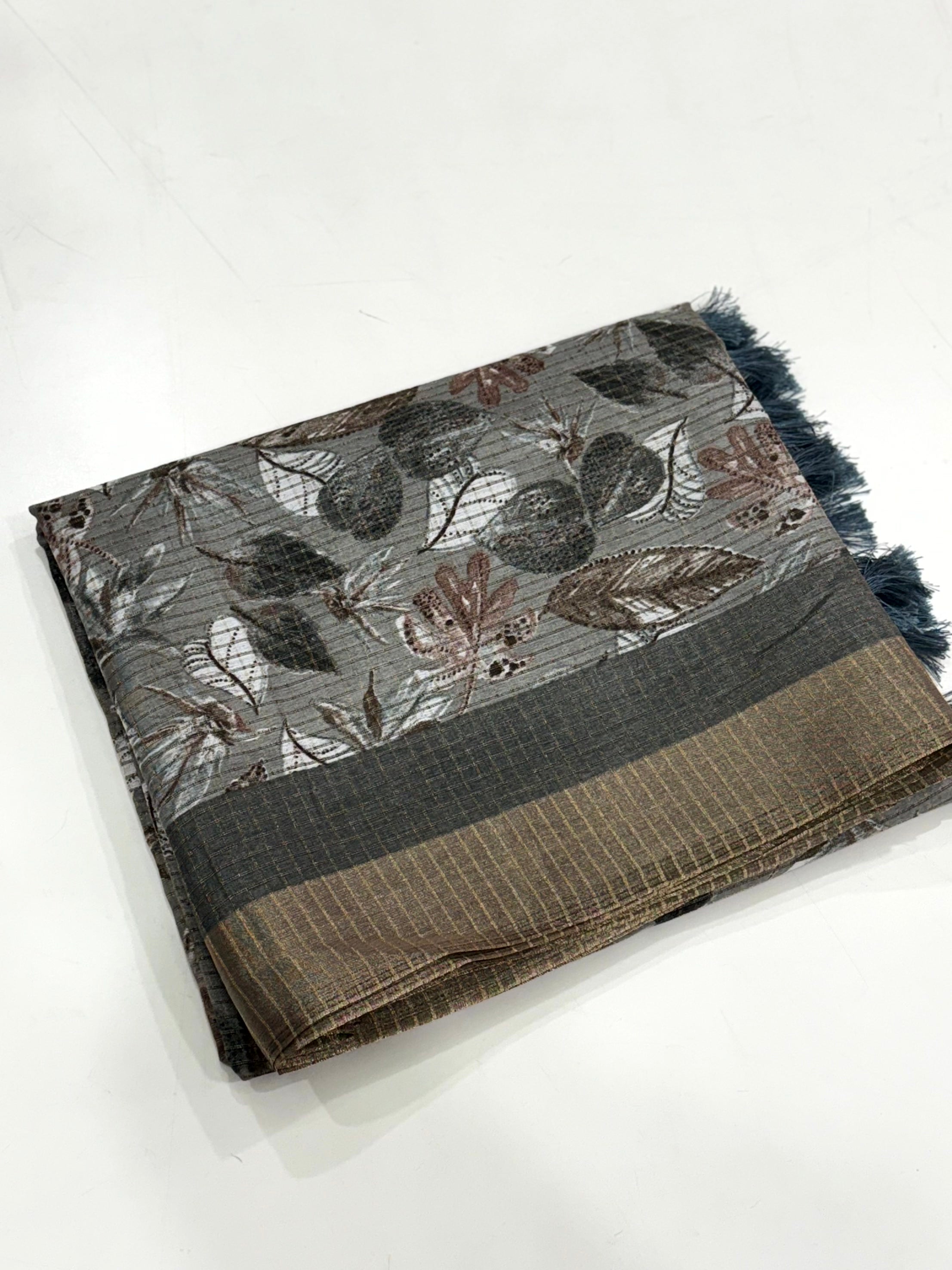 Grey Tussar Chex Floral Print Saree