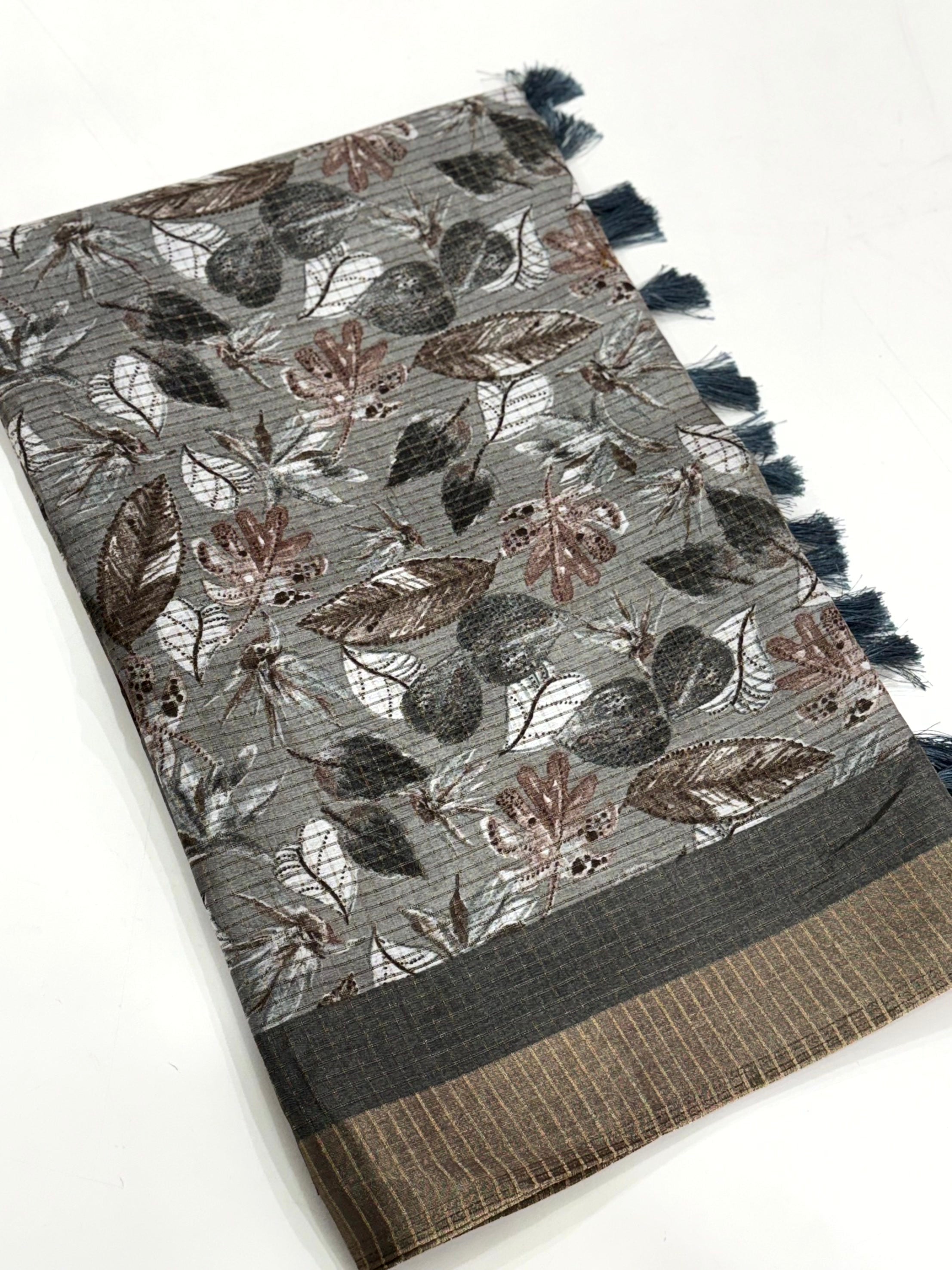 Grey Tussar Chex Floral Print Saree