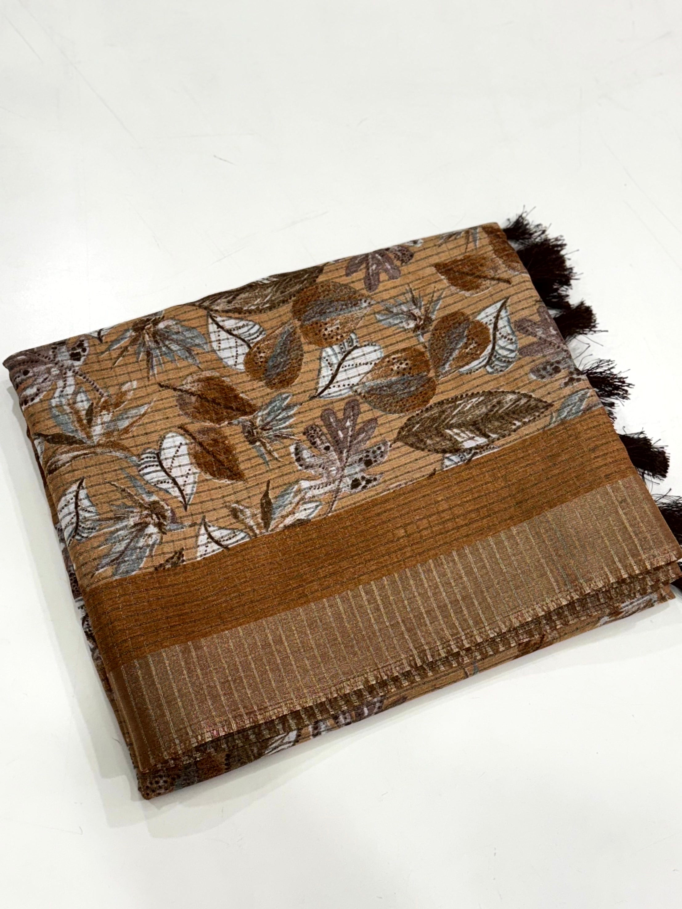 Camel Brown Tussar Chex Floral Print Saree