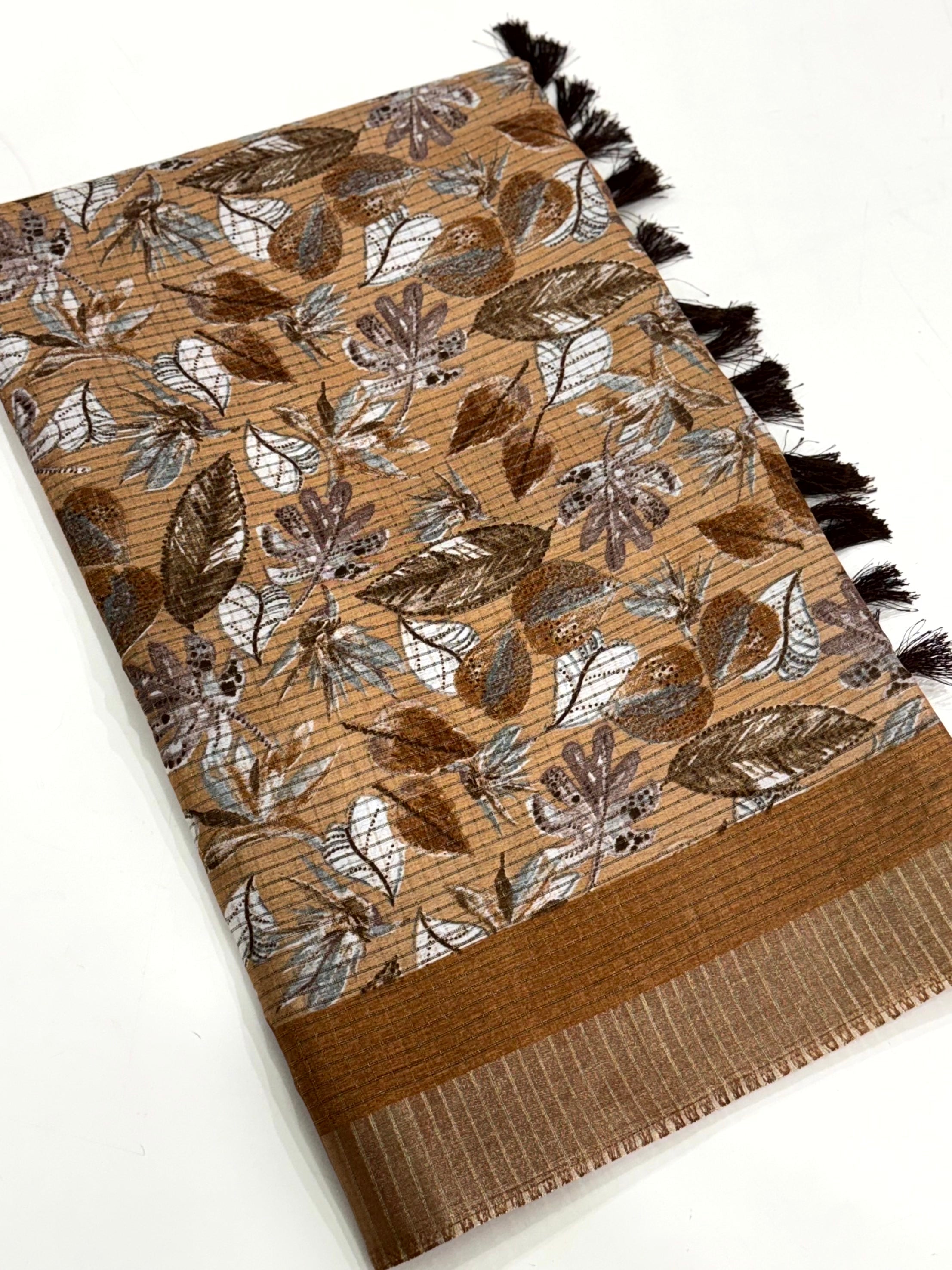 Camel Brown Tussar Chex Floral Print Saree