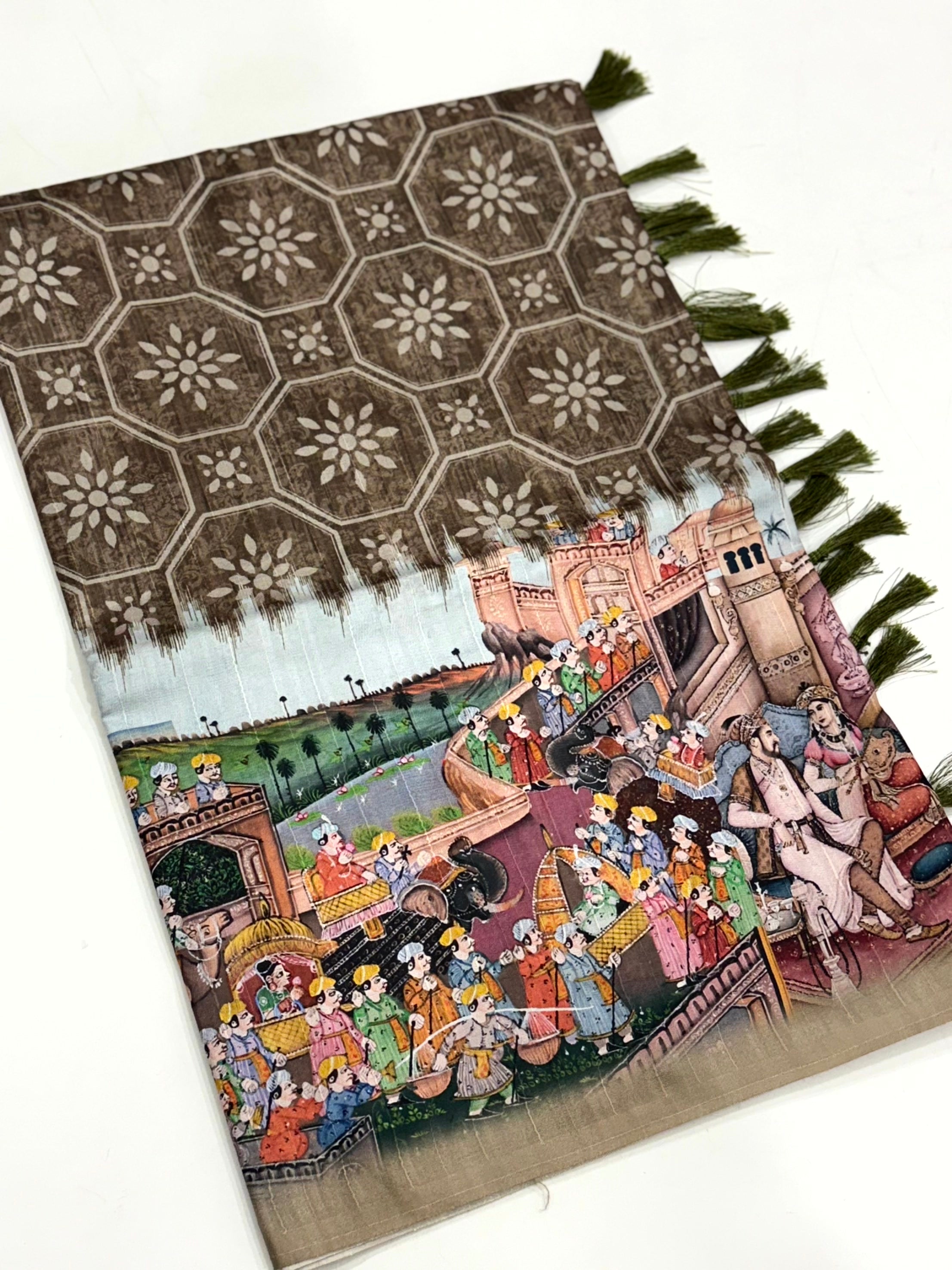Taupe Kalamkari Digital Printed Saree