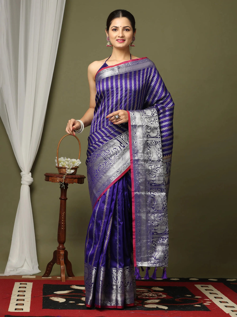 Striped Woven Design Zari Silk Blend Banarasi Saree