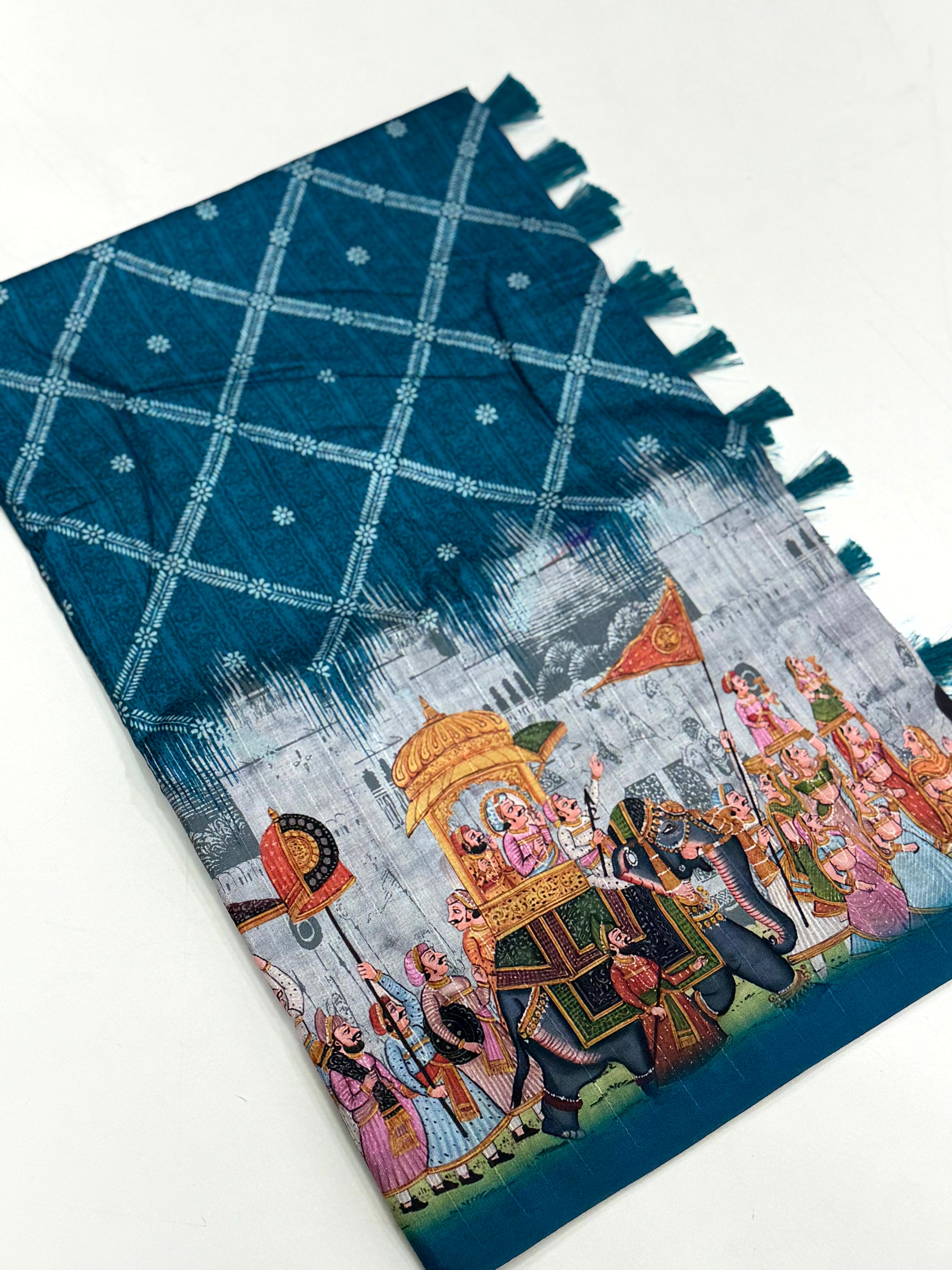 Teal Kalamkari Digital Printed Saree