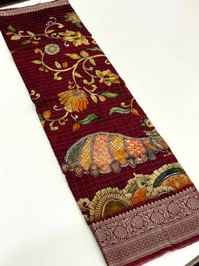 Deep Maroon Pure Viscose Kalalmkari Print Saree
