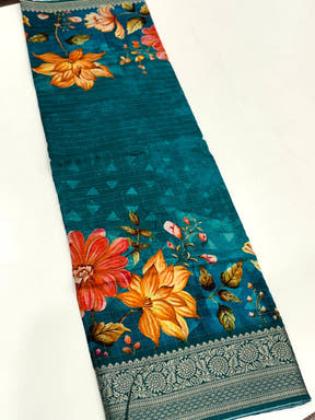 Teal Blue Pure Viscose Kalalmkari Print Saree