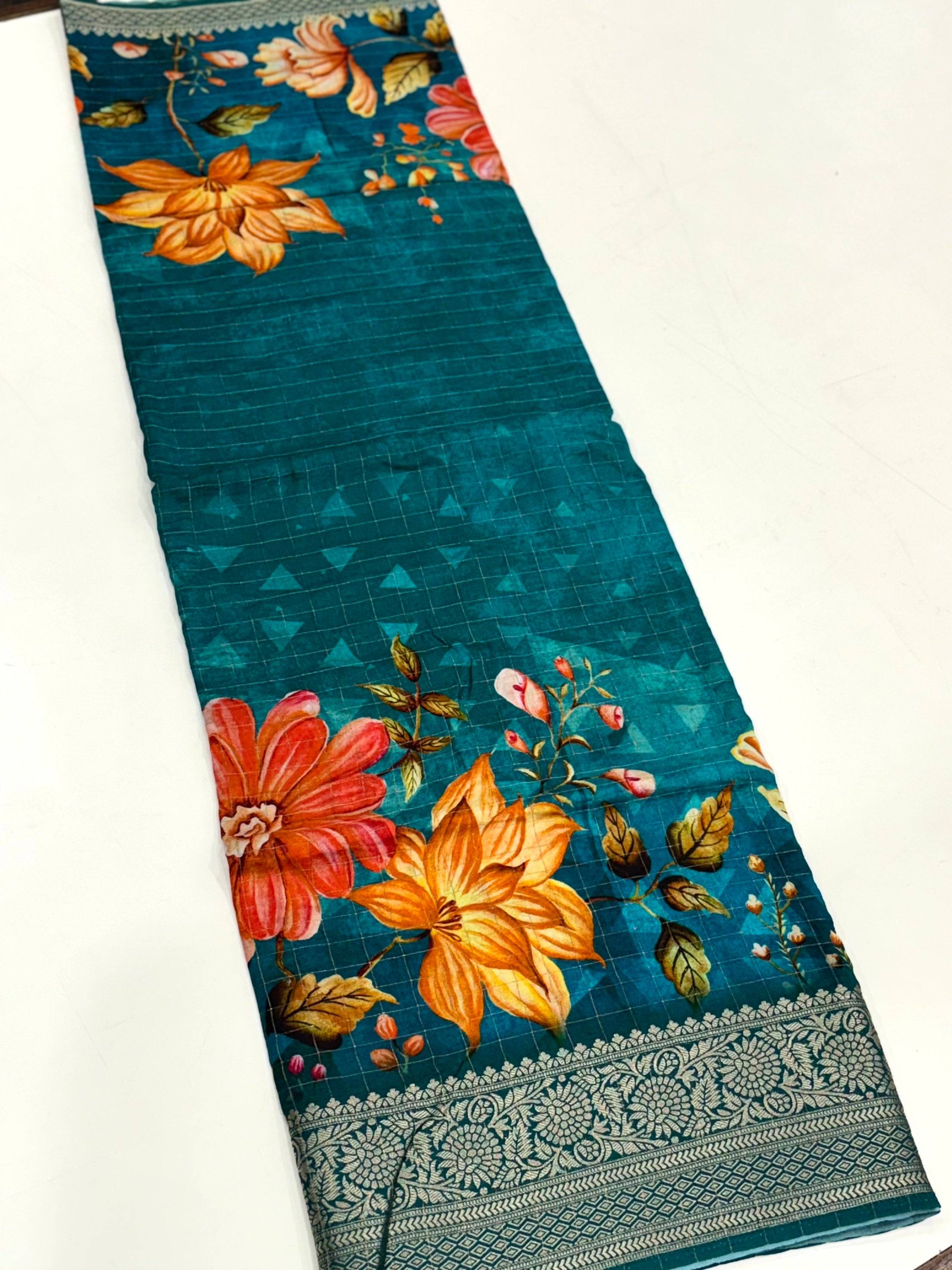 Teal Blue Pure Viscose Kalalmkari Print Saree