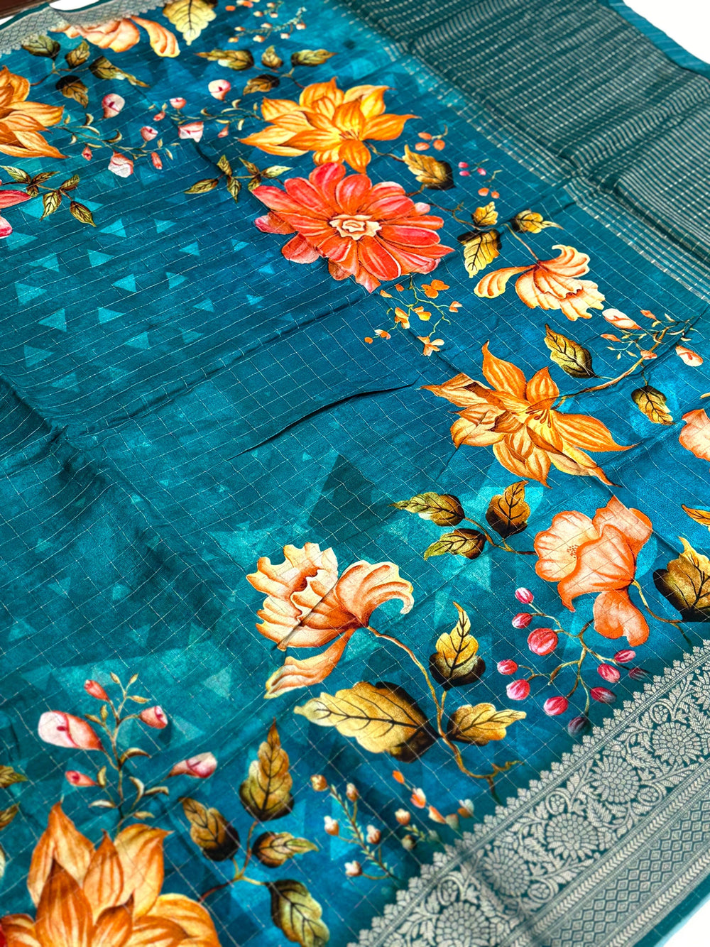 Teal Blue Pure Viscose Kalalmkari Print Saree