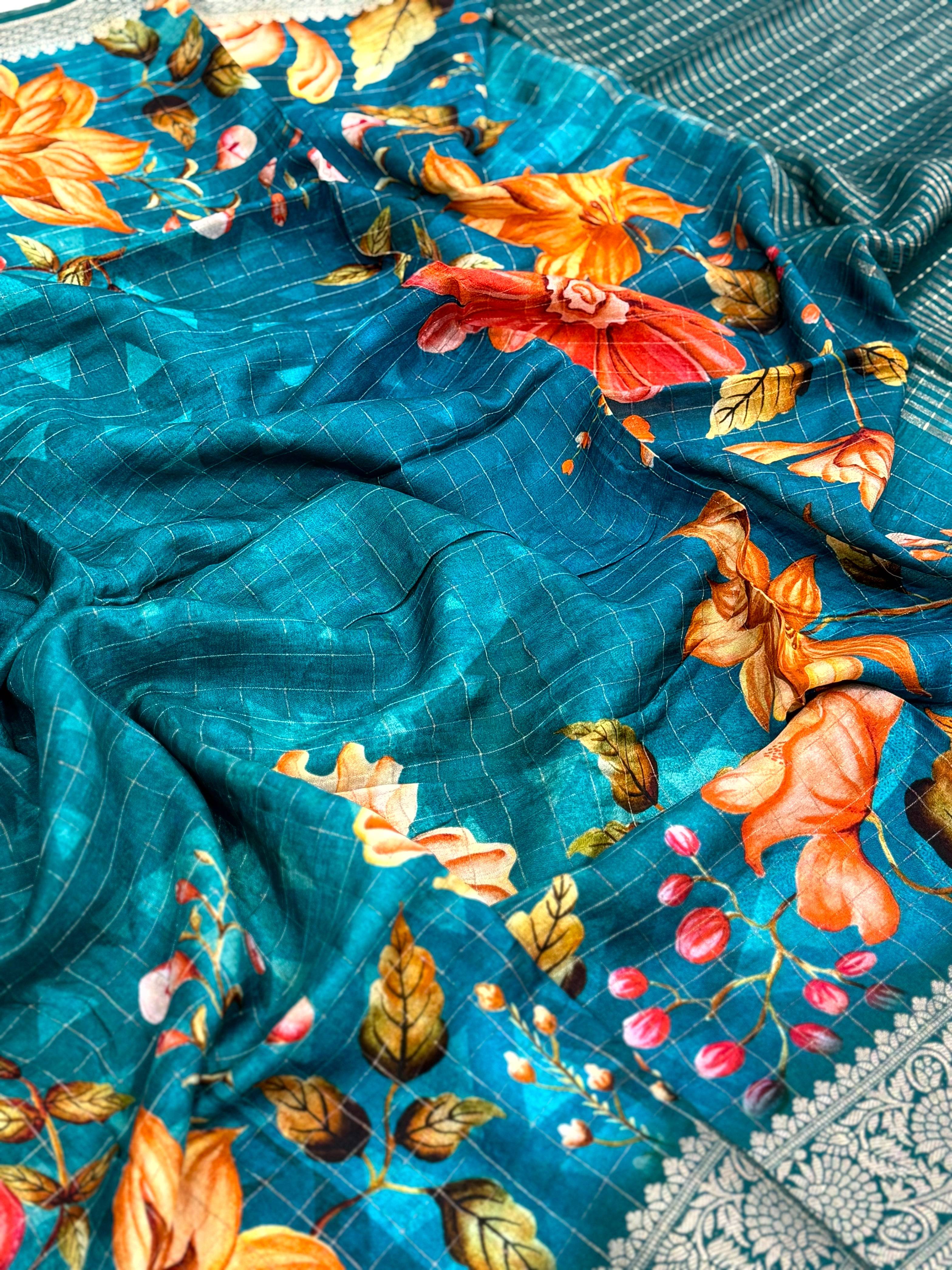 Teal Blue Pure Viscose Kalalmkari Print Saree