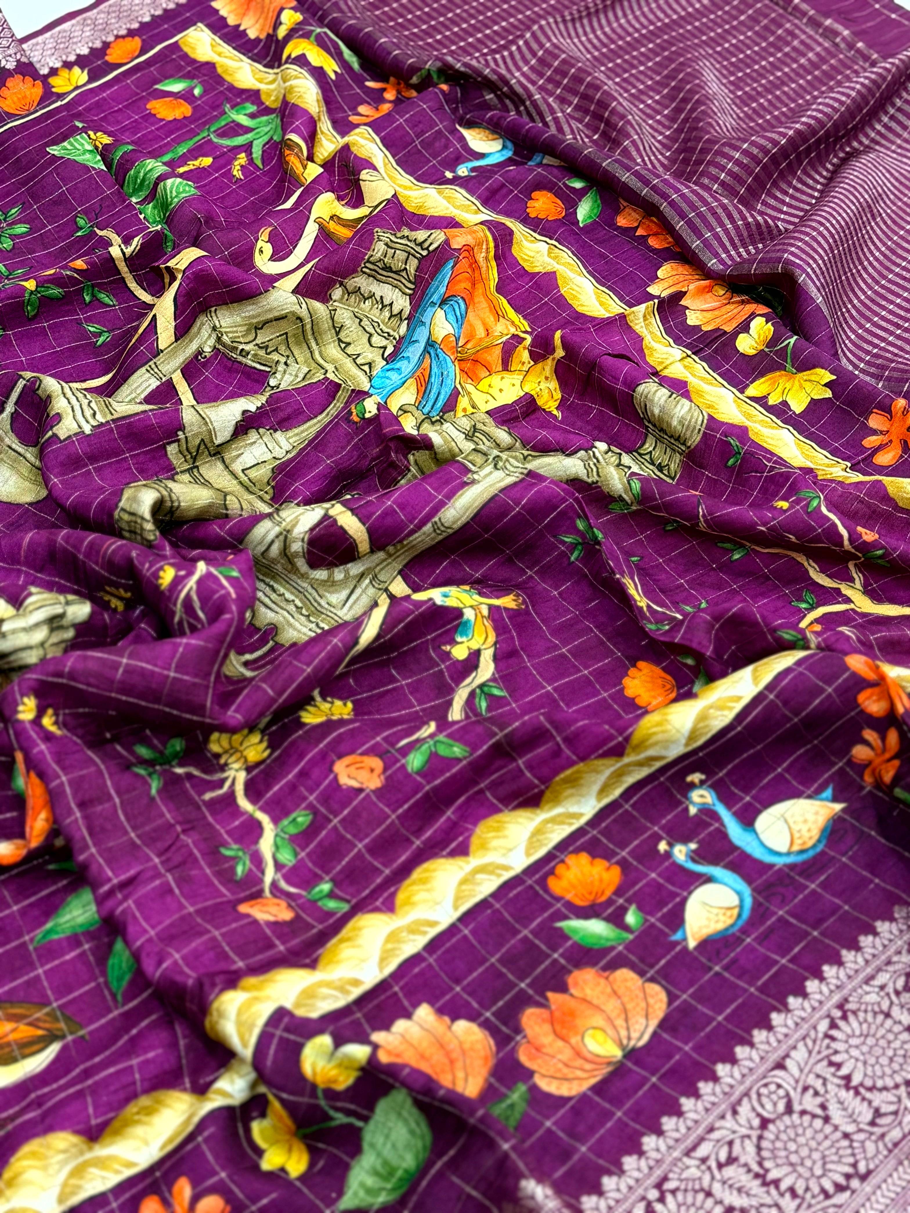 Deep Purple Pure Viscose Kalalmkari Print Saree