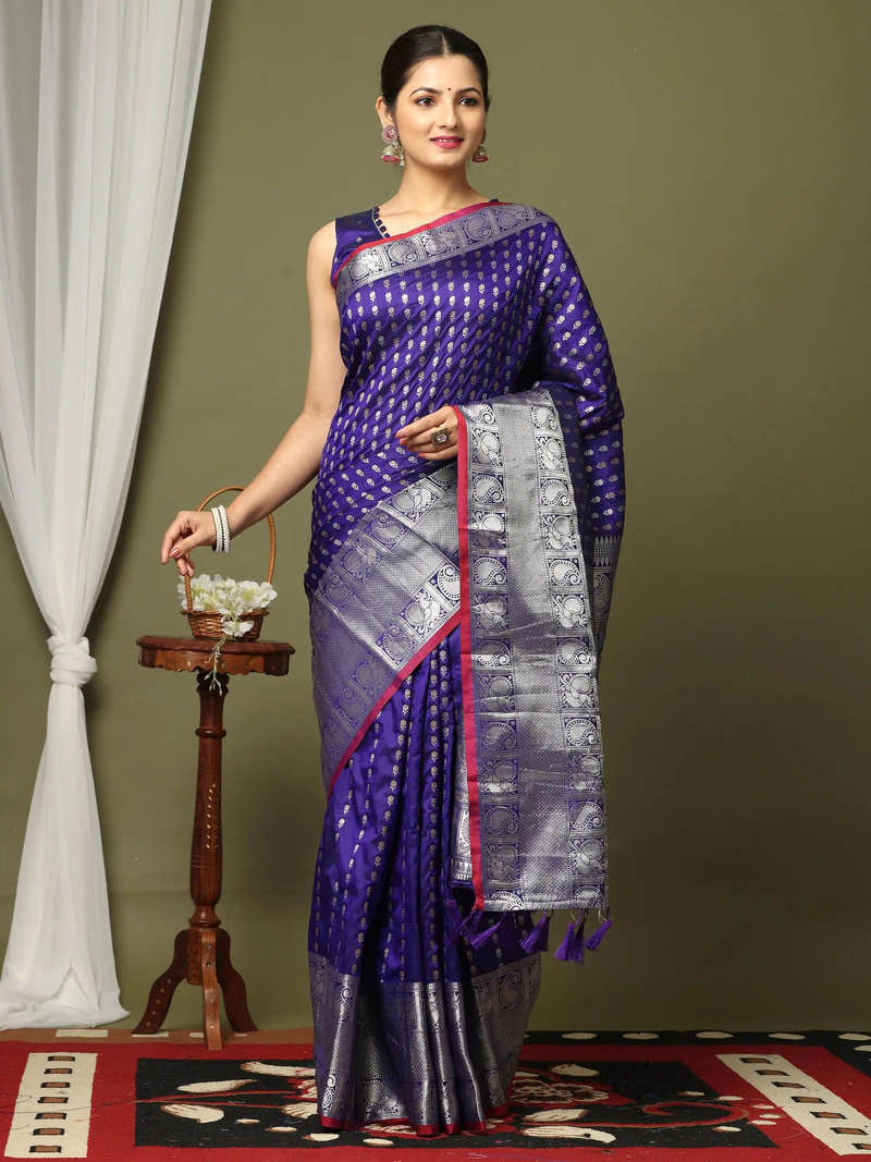 Purple Soft Silk Zari Weave Saree with Silver Peacock Pallu