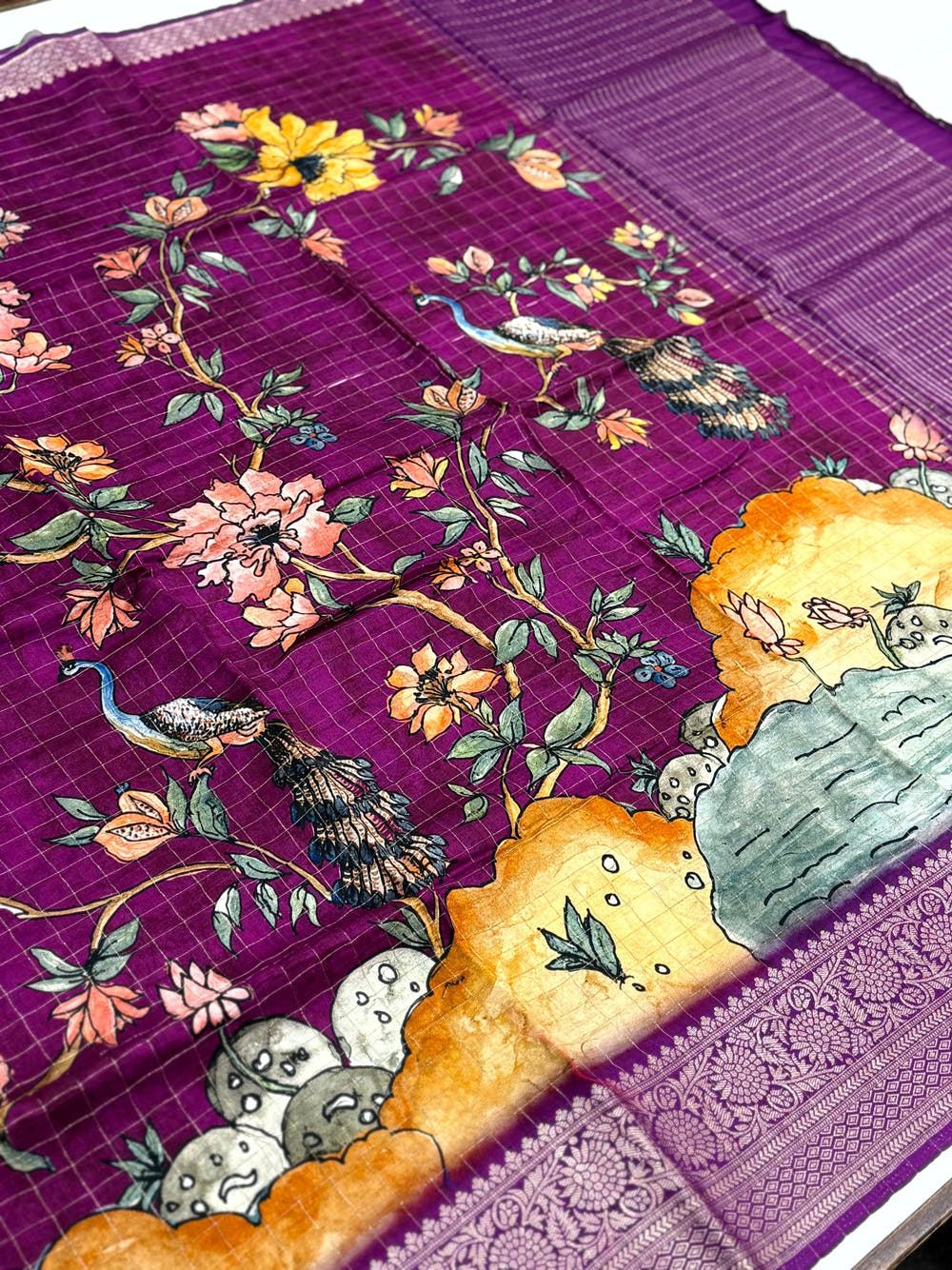 Purple Pure Viscose Kalalmkari Print Saree