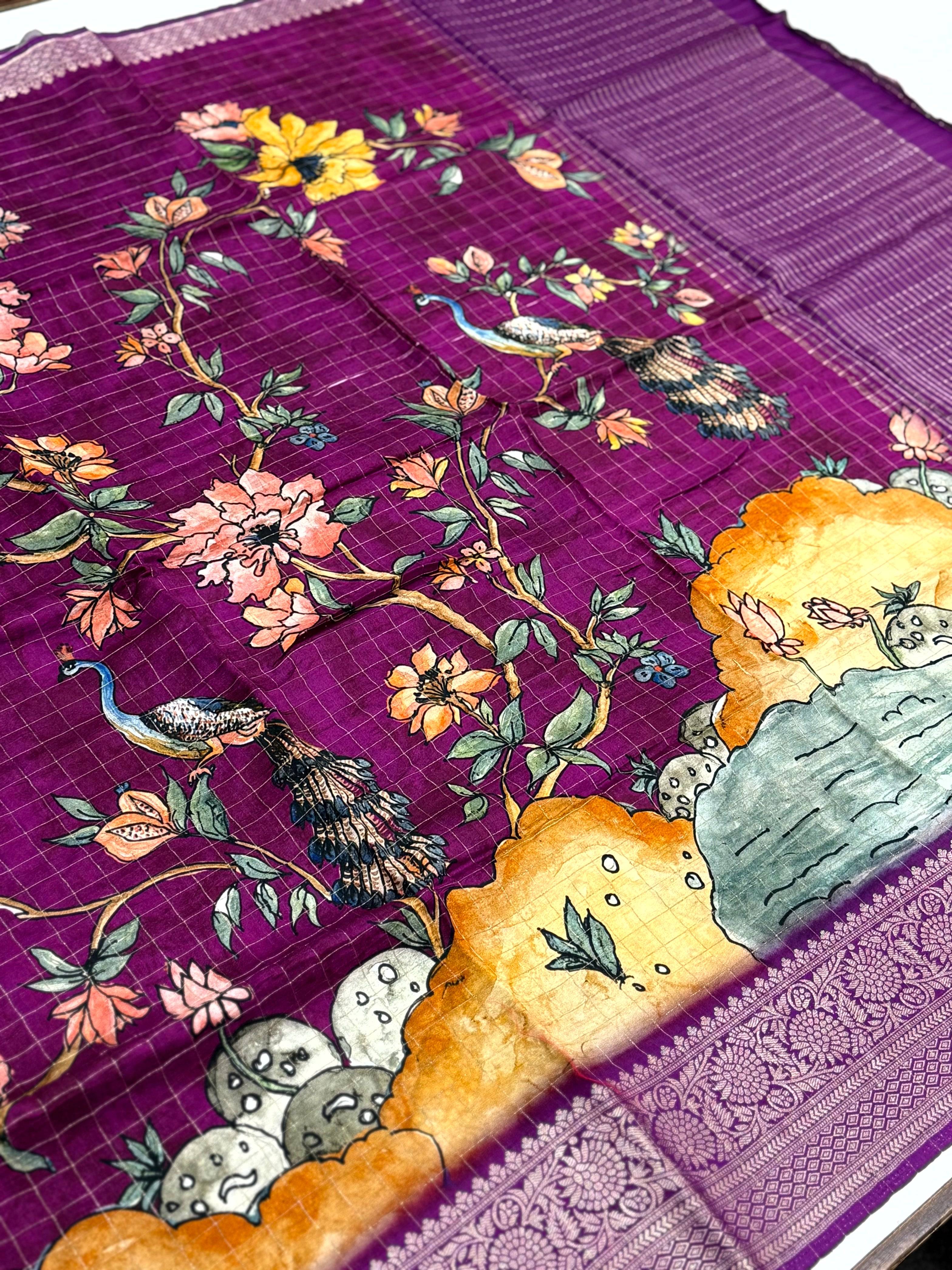 Purple Pure Viscose Kalalmkari Print Saree