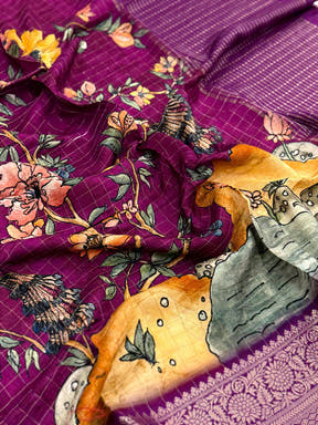 Purple Pure Viscose Kalalmkari Print Saree