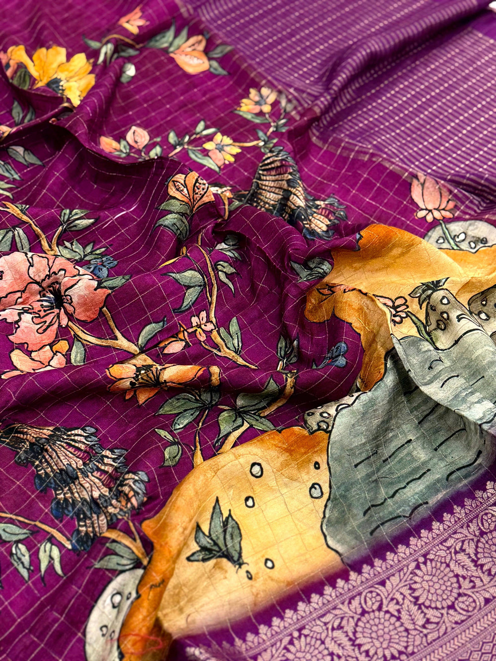 Purple Pure Viscose Kalalmkari Print Saree