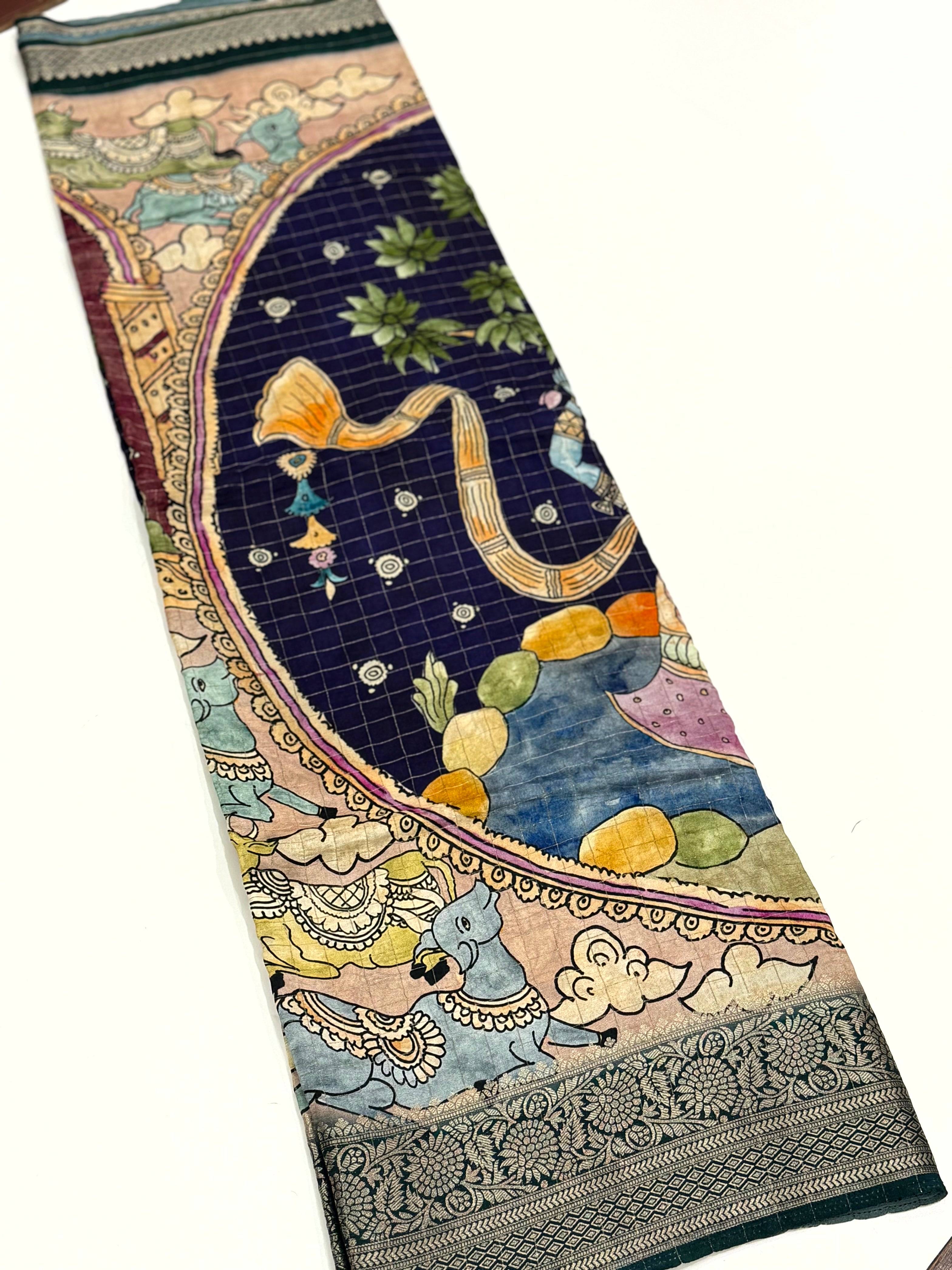 Navy Blue Pure Viscose Kalalmkari Print Saree