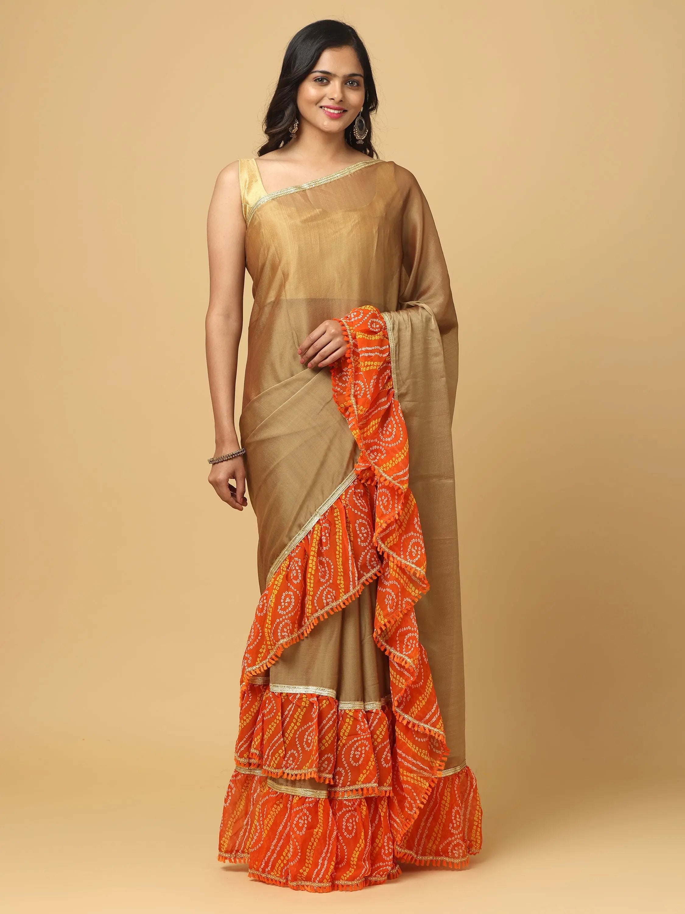 Soft Georgette Bandhej Print Ruffle Party Wear Saree