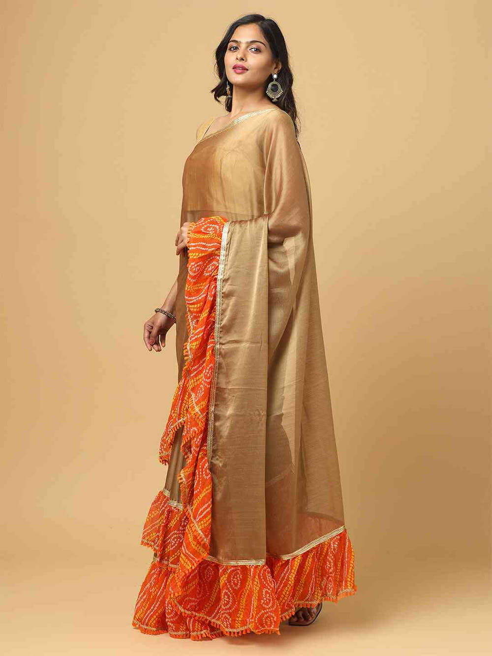 Soft Georgette Bandhej Print Ruffle Party Wear Saree