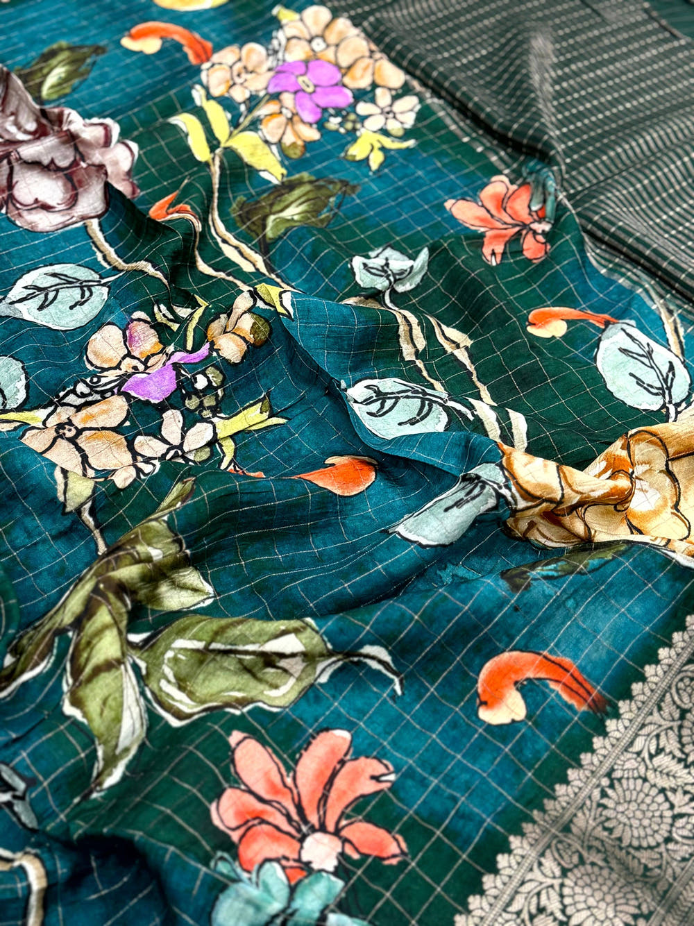 Teal Pure Viscose Kalalmkari Print Saree