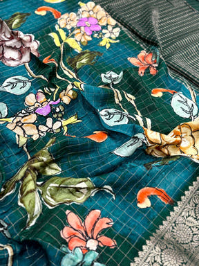 Teal Pure Viscose Kalalmkari Print Saree
