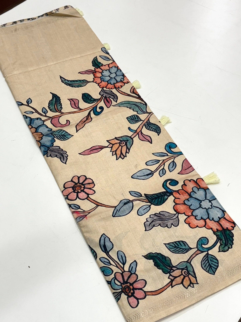 Kalamkari Printed Cream Ghicha Saree
