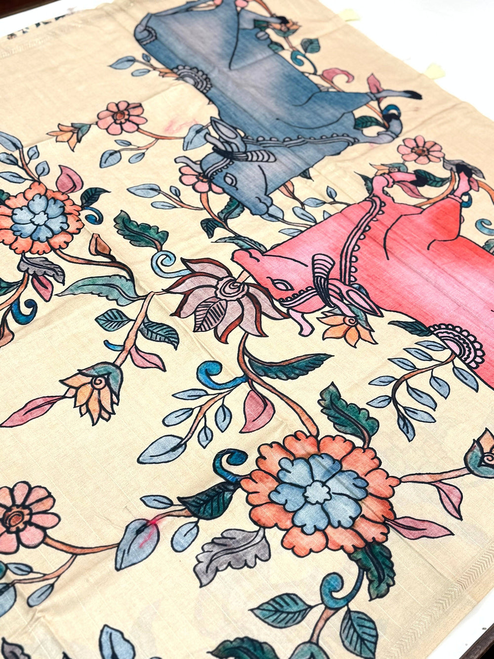 Kalamkari Printed Cream Ghicha Saree