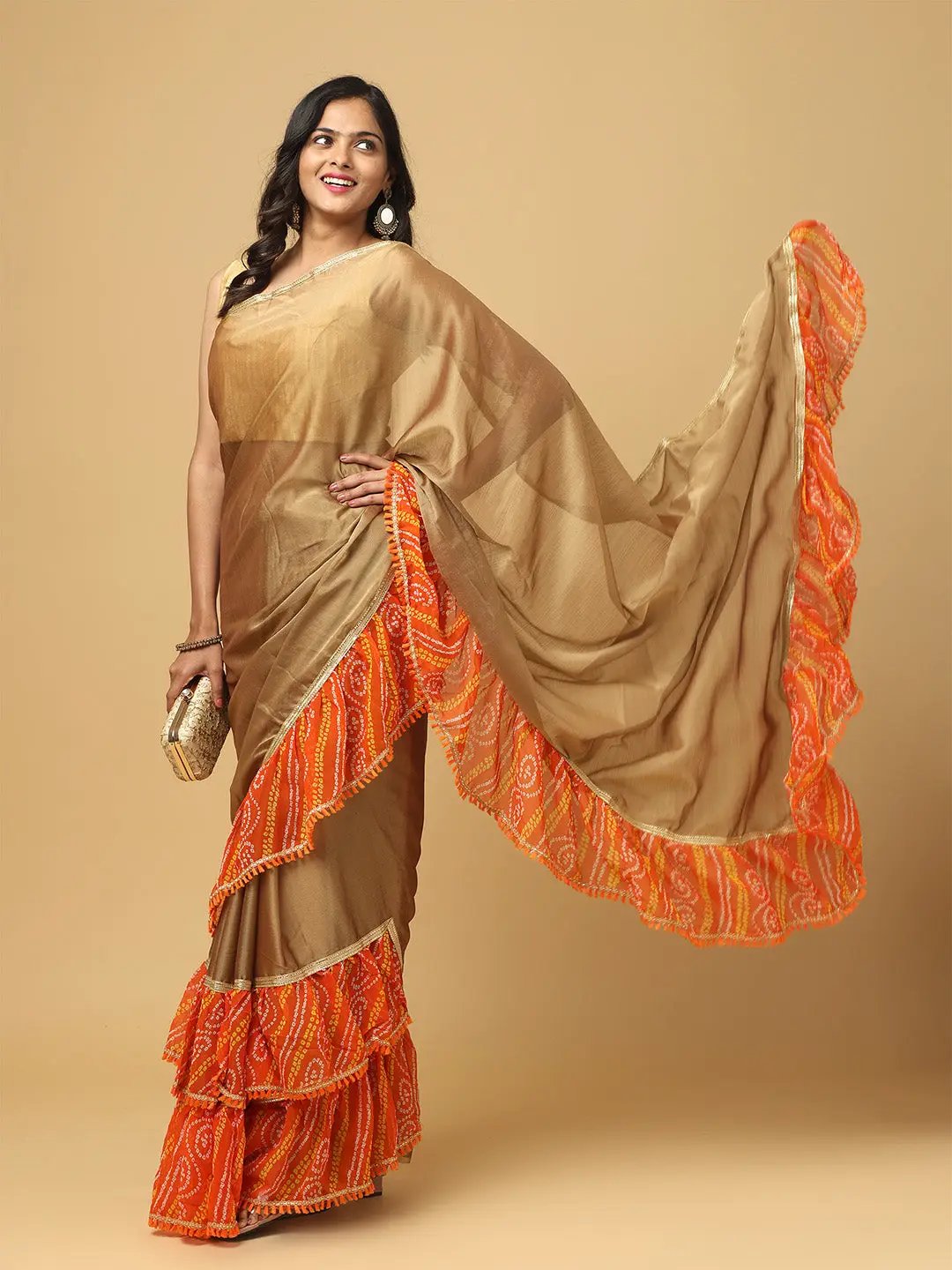 Soft Georgette Bandhej Print Ruffle Party Wear Saree